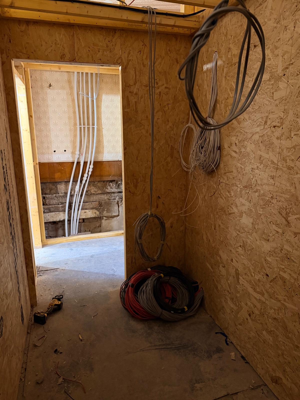 Update 17 July — OSB enclosure and cable runs through the joists