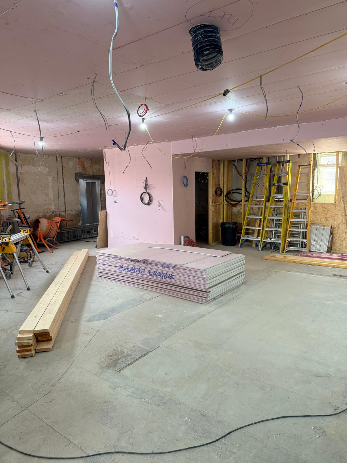 Update 24 July — plasterboard walls, ceiling boarding and materials on site